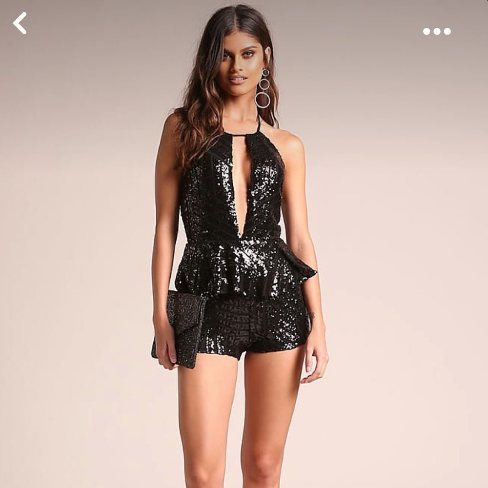 Black Sequin Plunge Peplum Halter Romper
